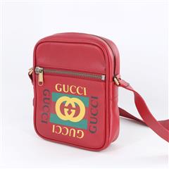 GUCCI 523591 Logo Print Red Leather Zip Messenger Crossbody Bag